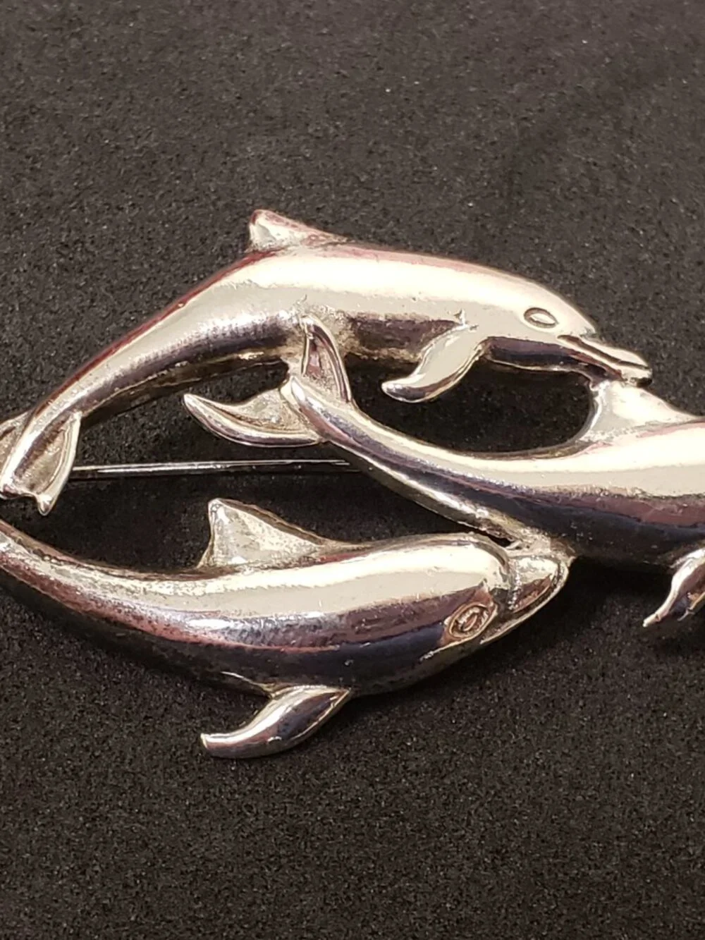 Vintage Sterling Silver 3D Three Dolphin Swimming Ocean Estate Pin Brooch